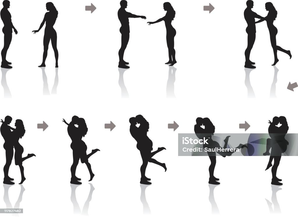 Sequence of a hug. Passionate Kiss  In Silhouette stock vector