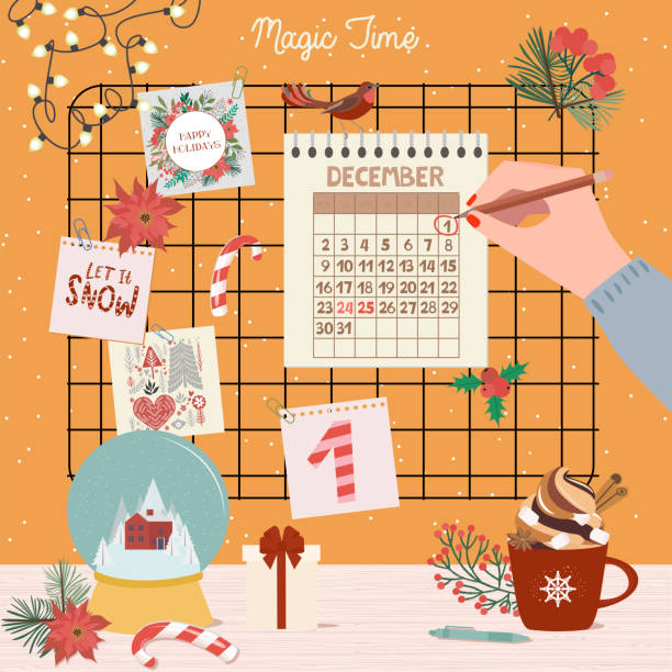 Christmas Advent Calendar, Day 1. Christmas Advent Calendar, Day 1. December calendar on the Christmas moodboard. Vector Illustration holiday calendars stock illustrations
