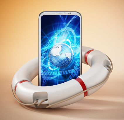 Life buoy guarding smartphone with internet background on the screen.Adobe Illustrator and Photoshop used for world texture map modifications. Original texture link: https://eoimages.gsfc.nasa.gov/images/imagerecords/73000/73580/world.topo.bathy.200401.3x5400x2700.jpg