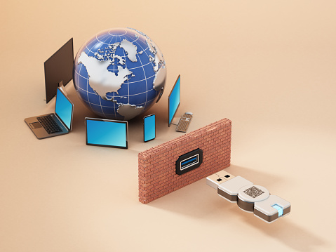 Electronic equipment around the globe behind firewall and USB software protection dongle.\n\nAdobe Illustrator and Photoshop used for world texture map modifications. Original texture link: https://eoimages.gsfc.nasa.gov/images/imagerecords/73000/73580/world.topo.bathy.200401.3x5400x2700.jpg