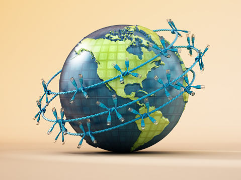 Network cables and jacks arranged as barbed wire around the globe.

Adobe Illustrator and Photoshop used for world texture map modifications. Original texture link: https://eoimages.gsfc.nasa.gov/images/imagerecords/73000/73580/world.topo.bathy.200401.3x5400x2700.jpg