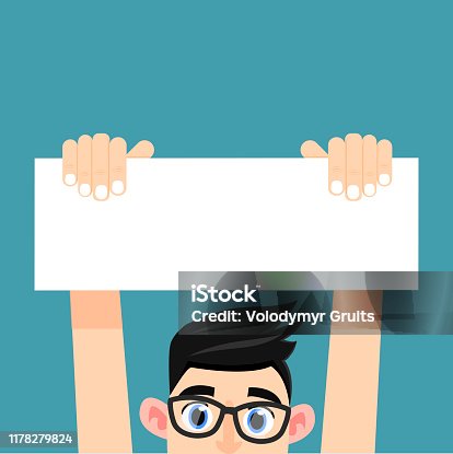 istock A man holds a white table on which you can write text on a blue background. 1178279824