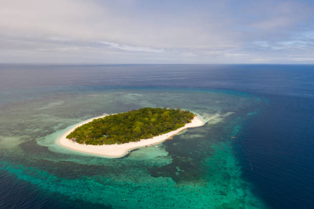 istock A small island surrounded by azure water and coral reefs, a top view 1178281508