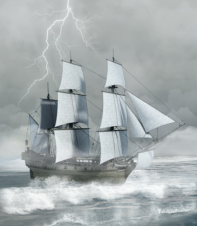 Sea scenery with a sailship facing a wavy sea in a furious storm - 3D render