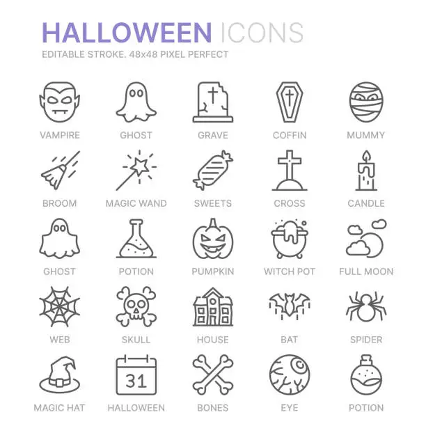 Vector illustration of Collection of halloween related line icons. 48x48 Pixel Perfect. Editable stroke