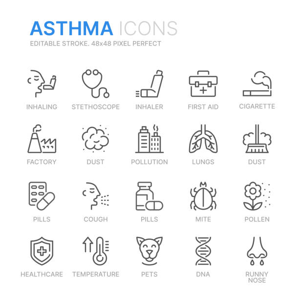 ilustraciones, imágenes clip art, dibujos animados e iconos de stock de colección de iconos de línea relacionados con ashma. 48x48 pixel perfecto. trazo editable - asmático