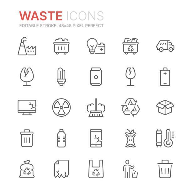 Collection of waste and garbage related line icons. 48x48 Pixel Perfect. Editable stroke Collection of waste and garbage related line icons. 48x48 Pixel Perfect. Editable stroke garbage can stock illustrations
