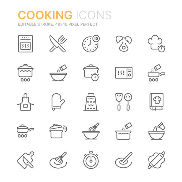 ilustraciones, imágenes clip art, dibujos animados e iconos de stock de colección de iconos de líneas relacionadas con la cocina. 48x48 pixel perfecto. trazo editable - receta instrucciones