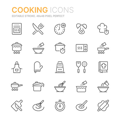 Collection of cooking related line icons. 48x48 Pixel Perfect. Editable stroke