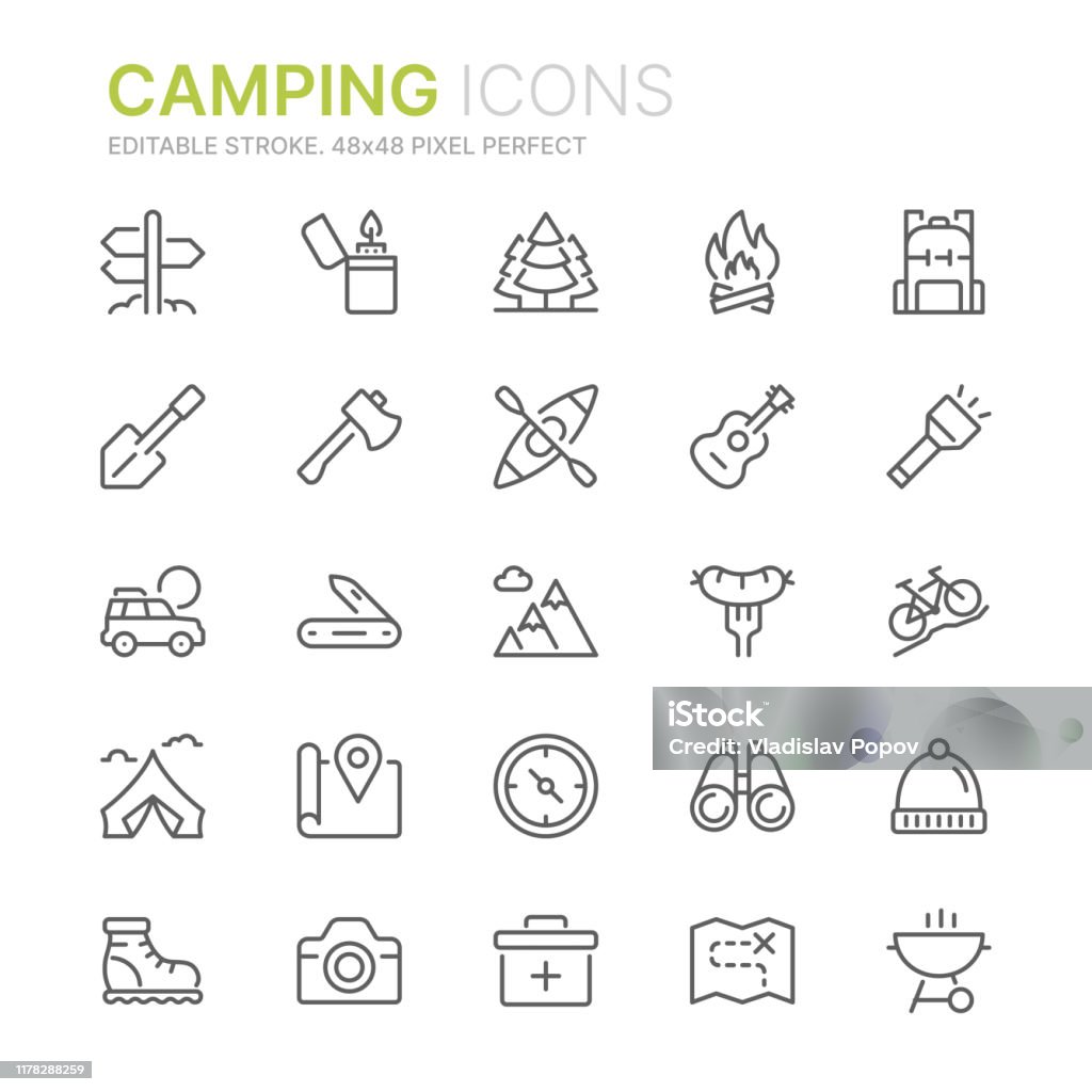 Raccolta di icone di linea correlate al campeggio. 48x48 Pixel Perfetto. Tratto modificabile - arte vettoriale royalty-free di Icona