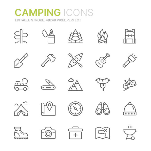 illustrazioni stock, clip art, cartoni animati e icone di tendenza di raccolta di icone di linea correlate al campeggio. 48x48 pixel perfetto. tratto modificabile - camping picnic mountain vector