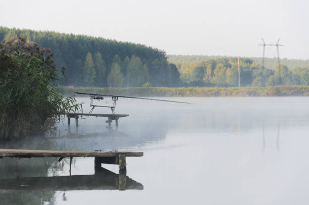 The one rod pod with feeders with electronic bite alarms on pier on summer day