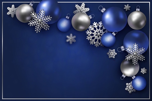 Christmas and New Year design. Silver and blue realistic christmas balls, and decorative snowflakes on blue background. Festive banner with place for text. Top view, vector illustration EPS 10