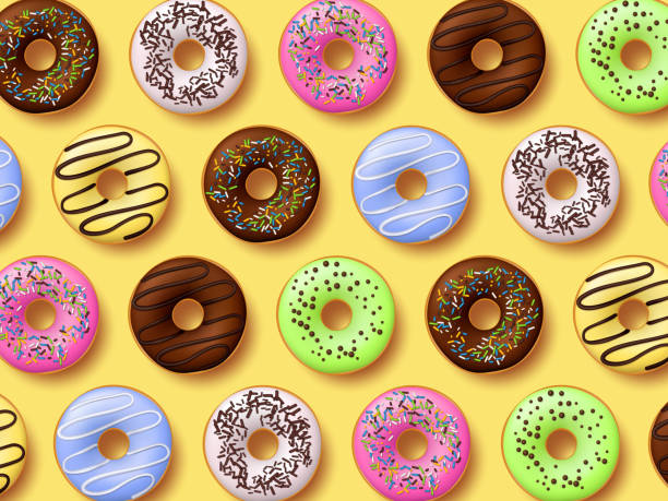 Colorful donuts with icing. Colorful donuts with icing on yellow background. Top view, realistic style. Vector illustration. donuts stock illustrations