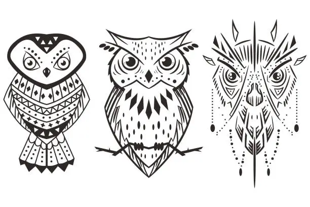 Vector illustration of Owl tattoo vector set isolated on white background.