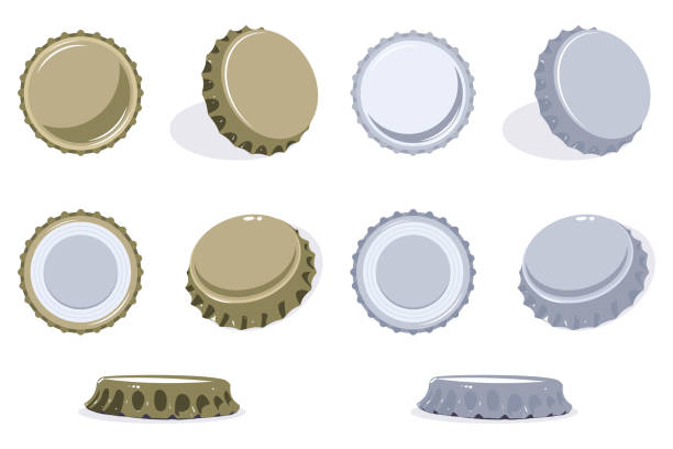 Bottle cap view from top, side and bottom. Vector set of beer or soda lid icons isolated on white background. Beer bottle cap top view vector cartoon flat icon. silver bottle cap stock illustrations