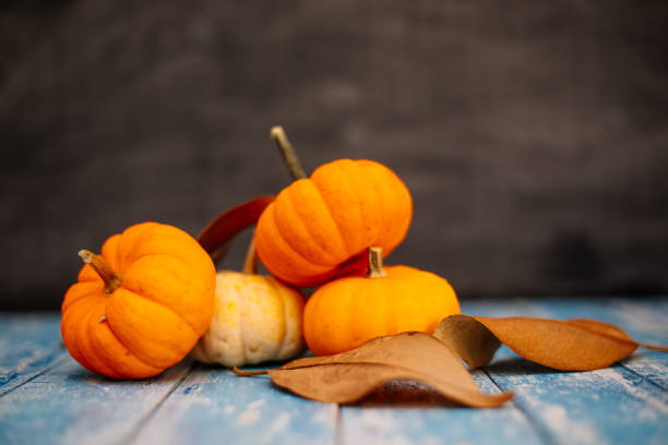istock Mini Pumpkins on wooden table 1178290214