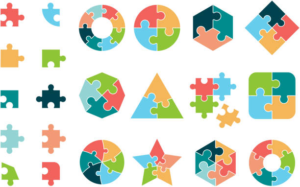 ilustrações, clipart, desenhos animados e ícones de coleção do enigma. negócios diferentes jigsaw redonda e quadrada formas geométricas tags puzzle peças vetores - circular saw
