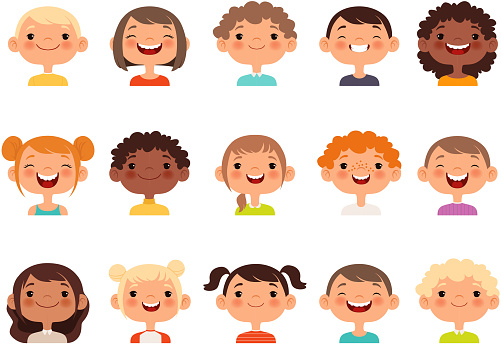 Kids faces. Child expression faces little boys and girls cartoon avatars vector collection. Girl and boy avatar, young teenager female and male illustration