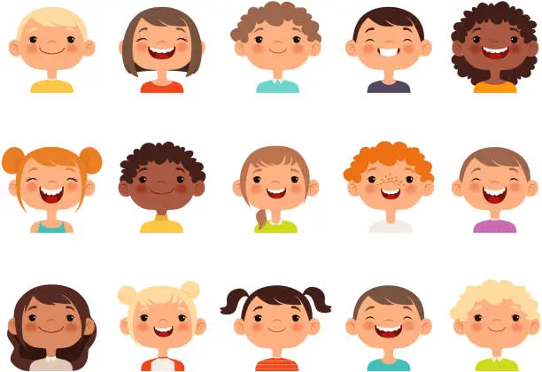 Vector illustration of Kids faces. Child expression faces little boys and girls cartoon avatars vector collection