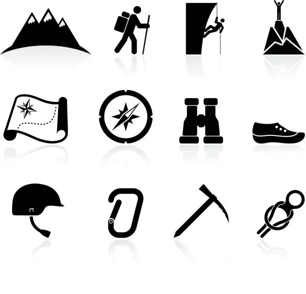 Vector illustration of mountain climbing black and white royalty free vector icon set