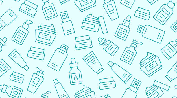 ilustraciones, imágenes clip art, dibujos animados e iconos de stock de patrón sin costuras para el cuidado de la piel con iconos de línea. gota de ácido hialurónico, suero, retinol compuesto antienvejecimiento, paquete de tubo de crema hidratante, tratamiento de cosmetología. folleto de dermatología de fondo de belleza - dermatología