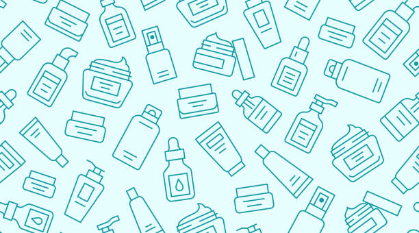 Skin care seamless pattern with line icons. Hyaluronic acid drop, serum, anti ageing compound retinol, moisturizing cream tube package, cosmetology treatment. Beauty background dermatology brochure Skin care seamless pattern with line icons. Hyaluronic acid drop, serum, anti ageing compound retinol, moisturizing cream tube package, cosmetology treatment. Beauty background dermatology brochure. skin care background stock illustrations
