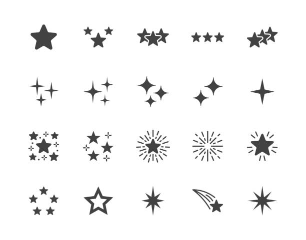 ikon glyph datar bintang diatur. malam berbintang, bintang jatuh, kembang api, kelap-kelip, cahaya, ilustrasi vektor ledakan berkilau. tanda hitam untuk properti bahan mengkilap. silhouette pictogram pixel sempurna 64x64 - bintang ilustrasi stok