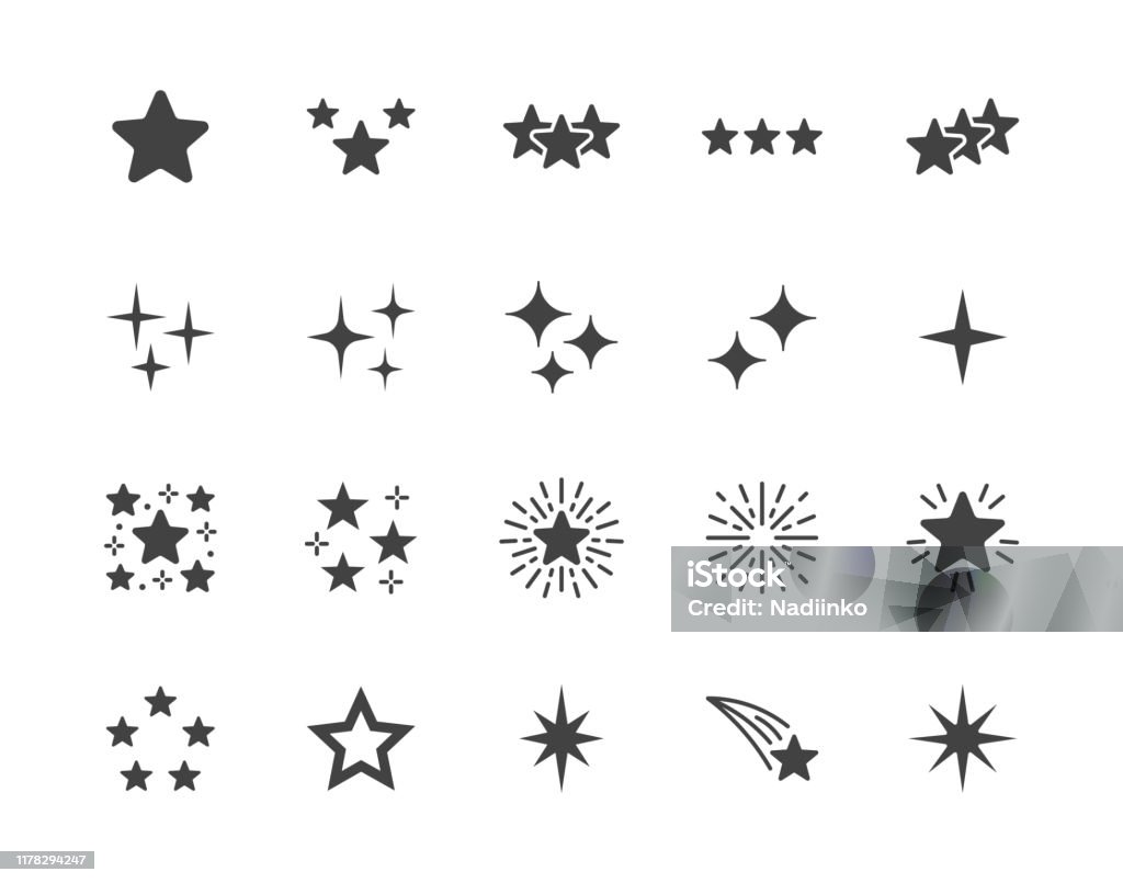 Icone del glifo piatto stelle impostate. Notte stellata, stella cadente, fuochi d'artificio, scintillio, bagliore, glitter scoppiare illustrazioni vettoriali. Segni neri per la proprietà materiale lucido. Silhouette pittogramma pixel perfetto 64x64 - arte vettoriale royalty-free di Stella