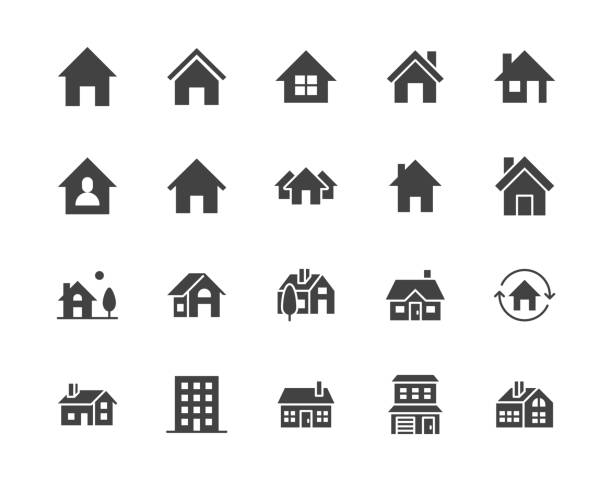 illustrations, cliparts, dessins animés et icônes de maisons plates icônes de glyphe ensemble. bouton de page d'accueil, bâtiment résidentiel, chalet de campagne, illustrations de vecteur d'appartement. signes noirs simples pour des immobiliers. silhouette pictogram pixel parfait 64x64 - état solide
