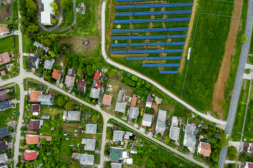 Flying, Summer, solar panel, city, drone view