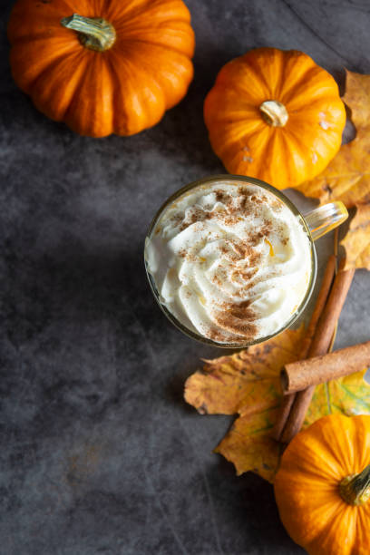 boisson épicée de latte de citrouille d'automne avec la vue supérieure de mousse de cannelle et de crème avec la boisson d'automne d'espace de copie - coffee pumpkin latté autumn photos et images de collection