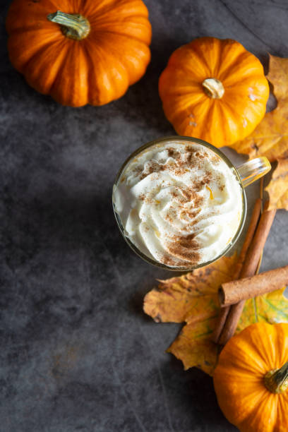 пряный осенний тыквенный латте напиток с корицей и кремовой пеной сверху с копией пространства осеннего напитка - coffee pumpkin latté autumn стоковые фото и изображения