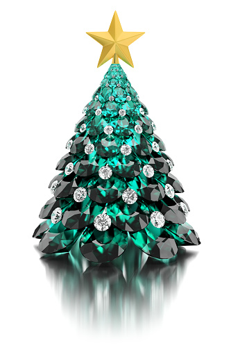 Christmas tree made of emeralds and diamonds with a gold star on a white reflective background. 3d image.