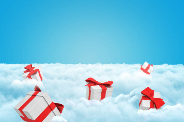 istock 3d rendering of several gift boxes on a layer of white fluffy clouds with some copy space left in the sky. 1178301520