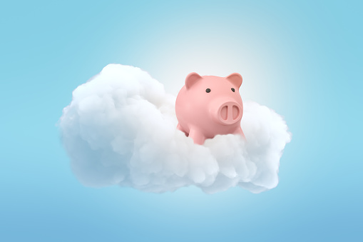 3d rendering of a cute pink piggy bank on a fluffy white cloud in the blue sky. Cherish your dreams. Power of money. Pursue business careers.
