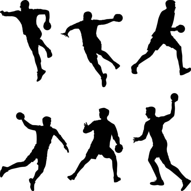 handball player handball player throwing the ball, set of silhouettes handball stock illustrations