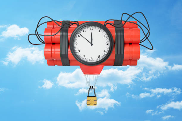 istock 3d rendering of a dynamite bundle with a time bomb and with a little hot-air balloon gondola attached to it in the blue sky. 1178303456