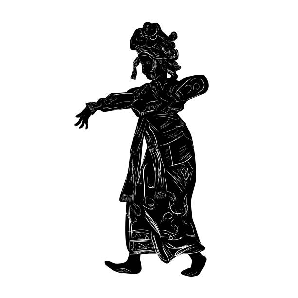 illustrazioni stock, clip art, cartoni animati e icone di tendenza di semplice disegno a mano vettoriale e silhouette della giovane ragazza tradizionale bali indonesia - danza del legong immagine