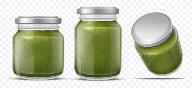 유리 항아리 현실적인 벡터 세트에 페스토 소스 - jar pesto sauce packaging food stock illustrations