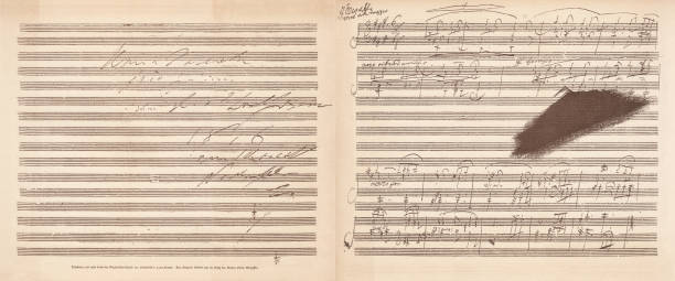 illustrazioni stock, clip art, cartoni animati e icone di tendenza di beethoven's a major sonata, facsimile, pubblicato nel 1885 - backgrounds etching yellow paper