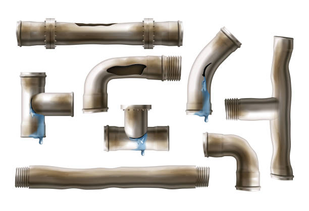 ilustrações de stock, clip art, desenhos animados e ícones de damaged, rusted steel pipes realistic vector set - water pipe sewer pipeline leaking