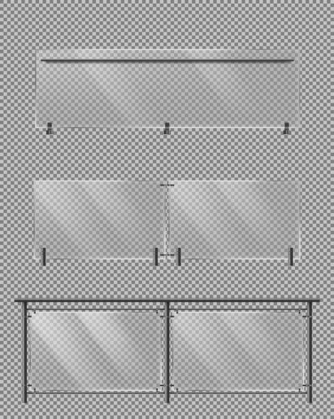 Glass fence, metal handrail realistic vector set Glass fence sections set with metallic tube handrails and transparent plexiglass sheets for house stairways, building balcony or terrace, roadside fencing isolated 3d realistic vector illustrations stainless steel railing stock illustrations