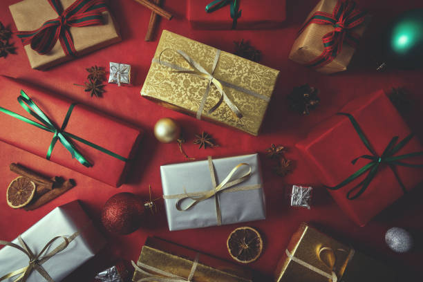istock christmas items on red background. flat lay top view 1178309905