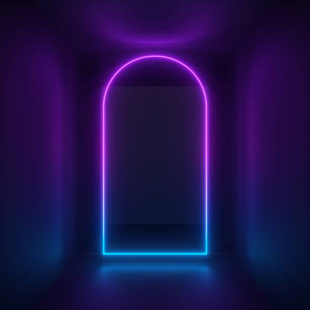 istock 3d render, abstract minimalist neon background, ultraviolet light, violet glowing arch inside black room 1178310986