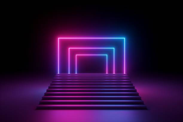 istock 3d render, abstract neon background, glowing pink blue square arches above stairs, performance stage design, empty fashion podium, ultraviolet light 1178311015