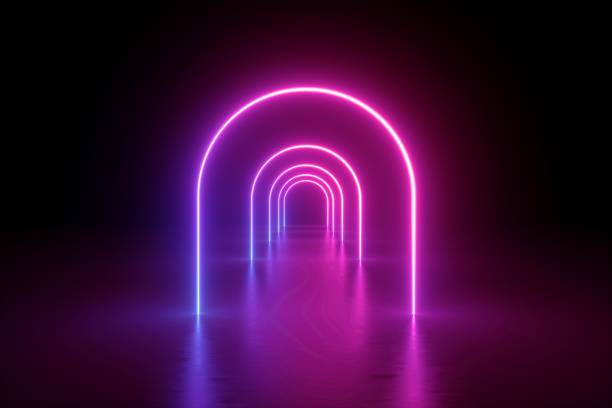 istock 3d render, abstract minimalist background, pink violet neon line, arches glowing in the dark, tunnel in ultraviolet light, 80's retro style, fashion show, performance stage design 1178311029