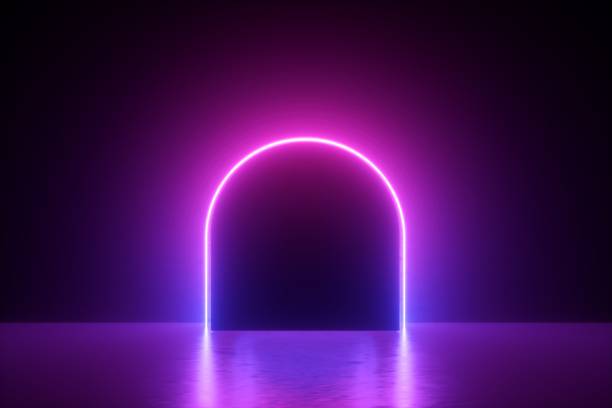 istock 3d render, abstract minimal neon background, pink violet line, round arch glowing in the dark, blank space, ultraviolet light, 80's retro style, fashion show, performance stage design 1178311072