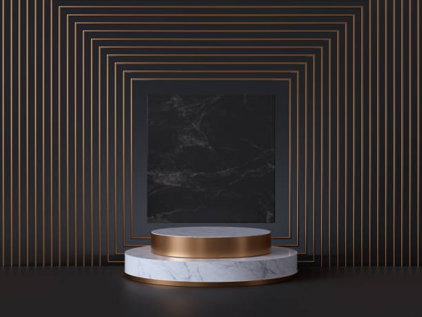 3d render of white pedestal steps isolated on black, square marble background, memorial board, art deco geometric frame, abstract minimal concept, blank space, clean design, minimal fashion mockup