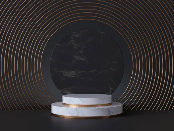 Photo of 3d rendering of white pedestal steps isolated on black, round marble background, memorial board, art deco geometric frame, abstract minimal concept, blank space, clean design, minimal fashion mockup